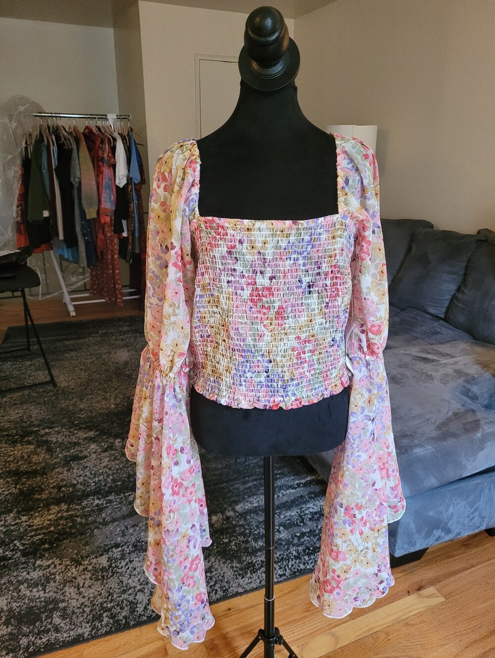 Live 4 Truth Floral Smocked Square-Neck Top in Pastel Multicolor Size XL